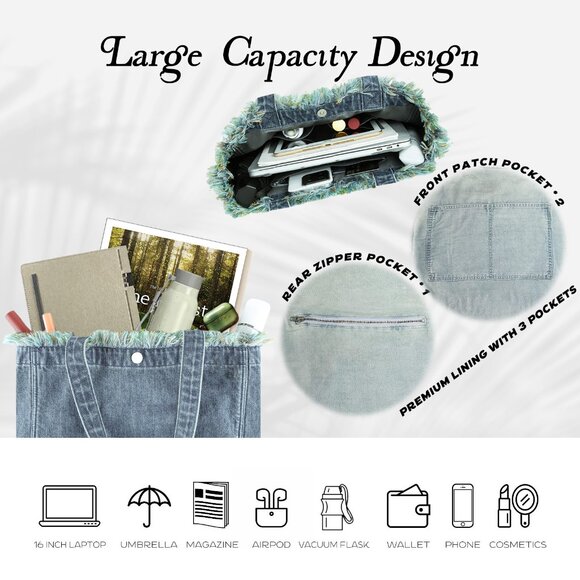 Brand New with Tag -  Forest-Inspired Green Fringe Boho Denim Tote Bag - Picture 5 of 8